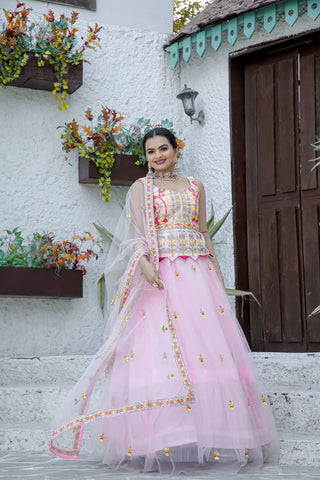 Stylish pink thread work lehenga choli 