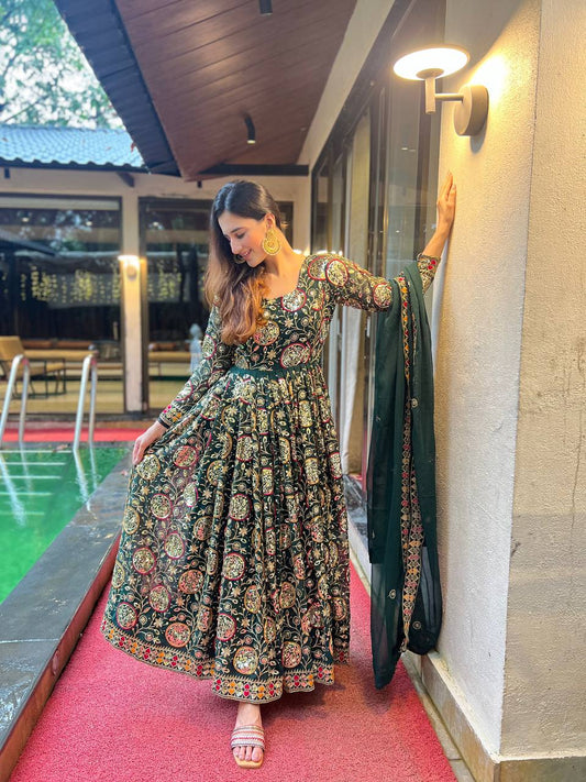 Long sleeve green color georgette gown for women
