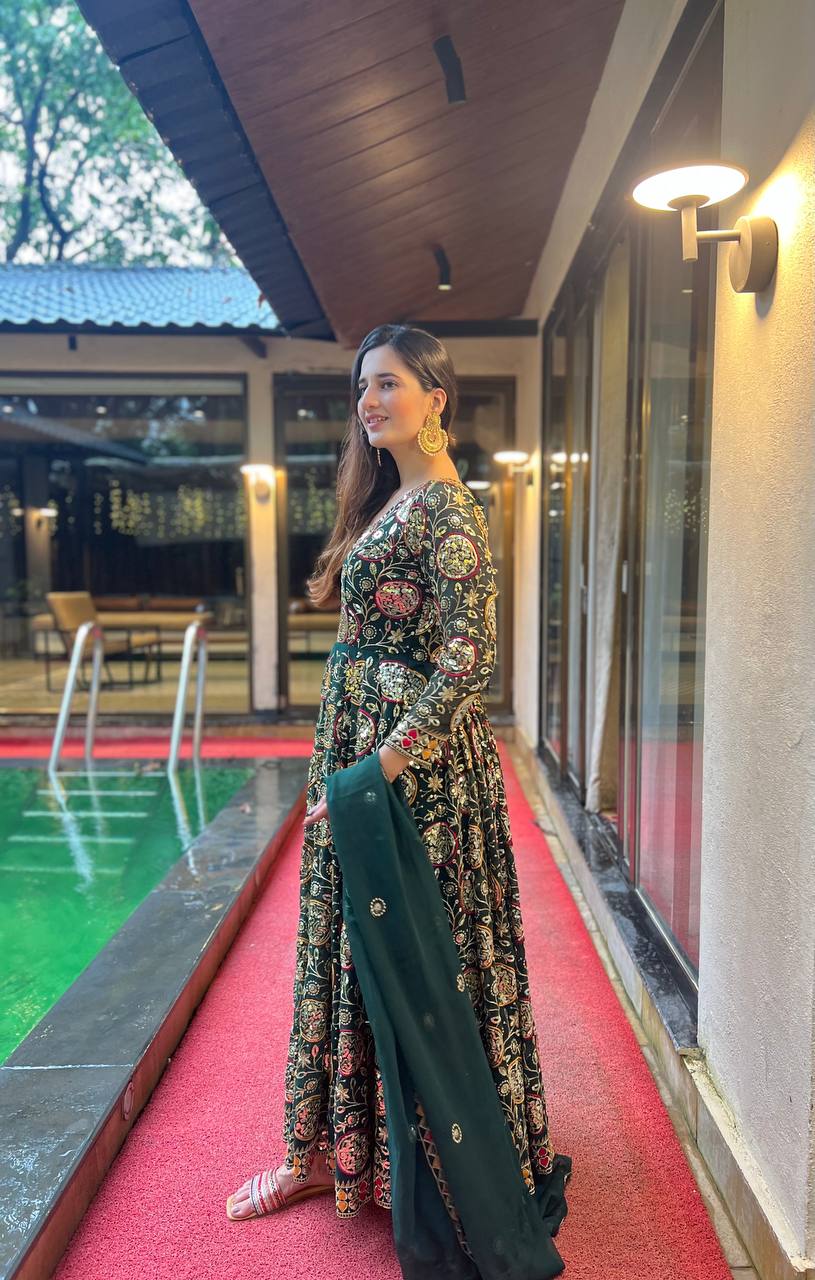 Elegant Green Georgette Embroidery Work Gown For Wedding Guest Wear Ragthm Elegant Green Georgette Embroidery Work Gown For Wedding Guest Wear Ragthm