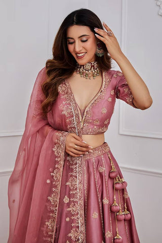 Pink color fancy satin silk lehenga choli for party wear