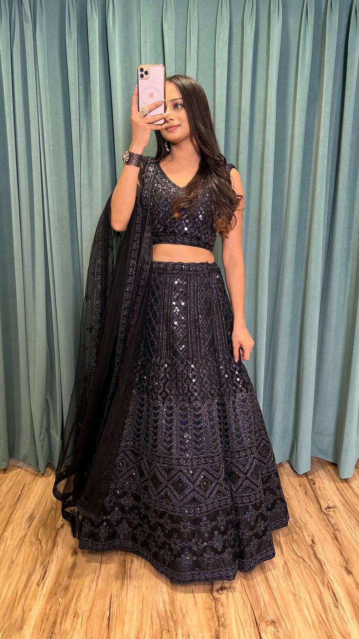 Alluring Black Color Net Heavy Lehenga Choli For Sangeet Function