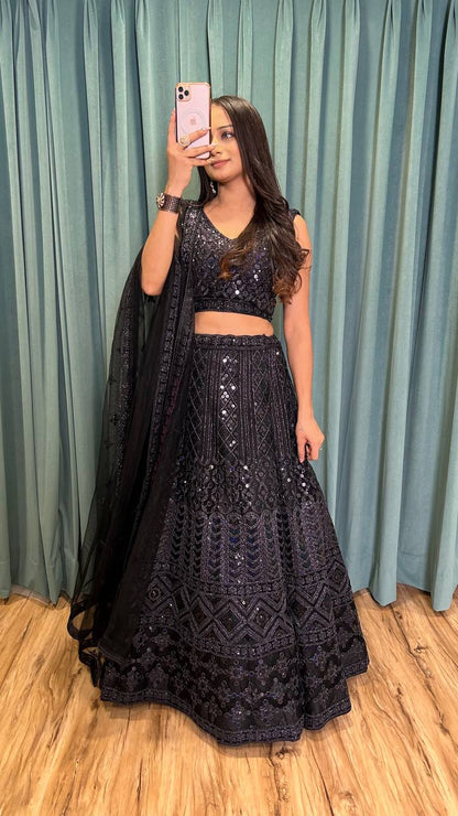 Alluring Black Color Net Heavy Lehenga Choli For Sangeet Function