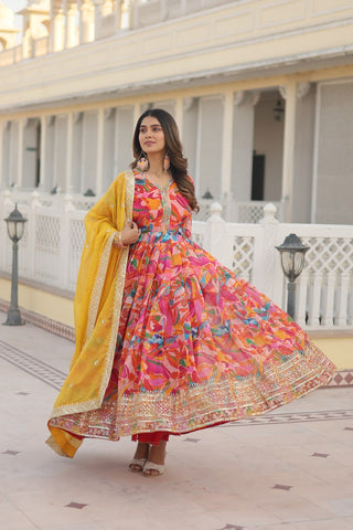 Digital printed silk gown with dupatta