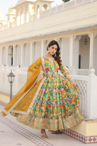 Light green floral design silk gown
