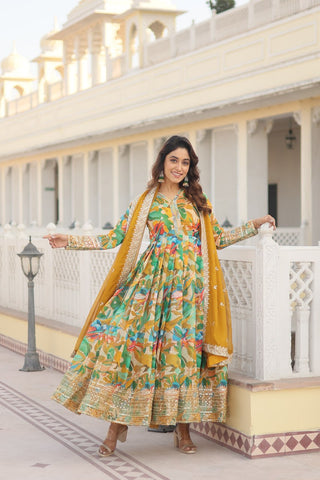 Women green floral design silk gown
