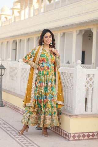 Dark green floral design silk gown
