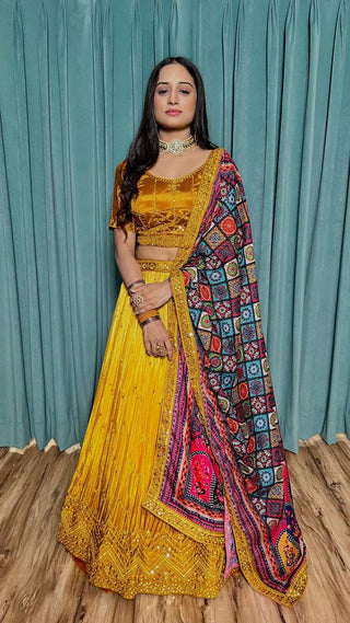 Yellow silk lehenga choli for women party wear