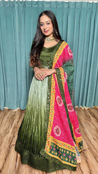 Chinon silk green lehenga choli for party wear