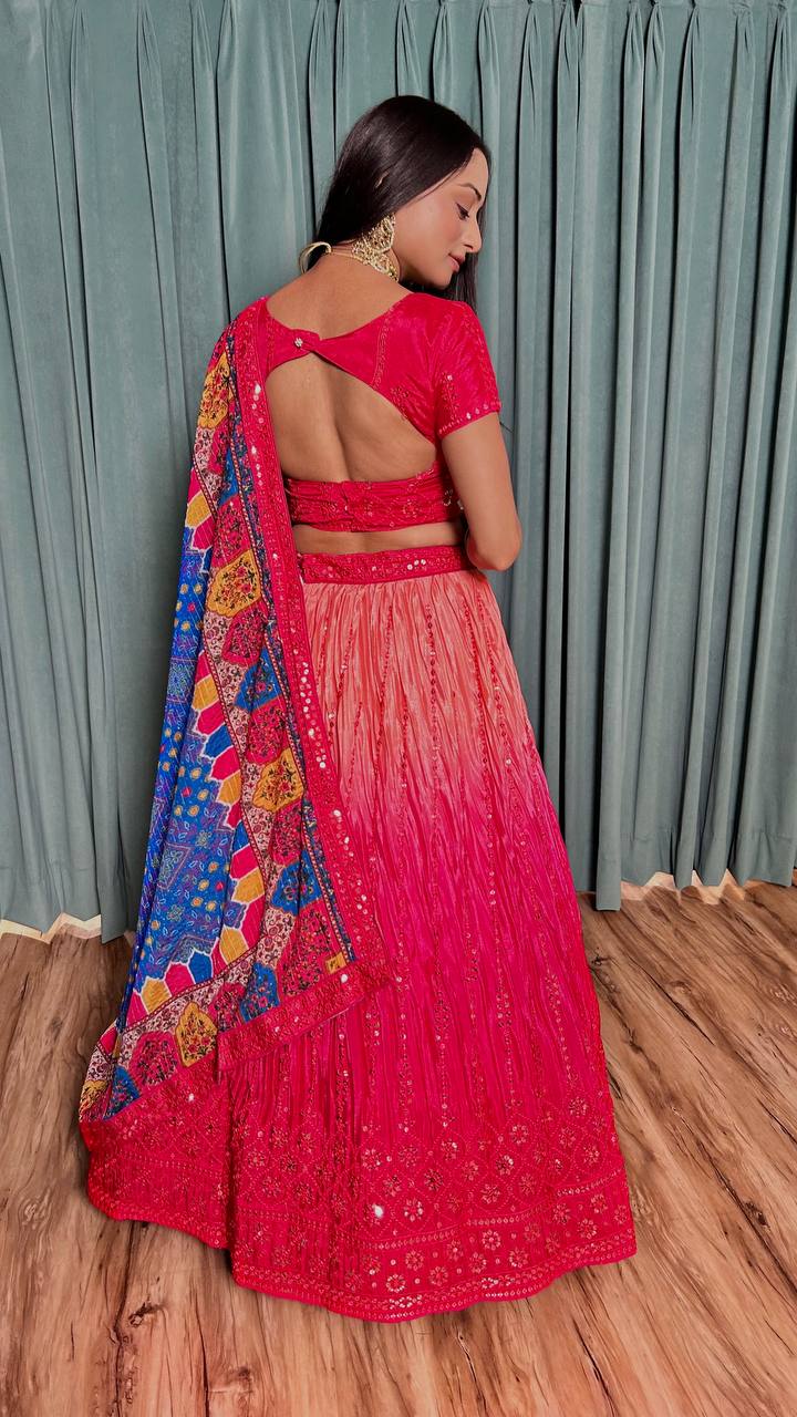 Pink color chinon silk lehenga choli for wedding wear