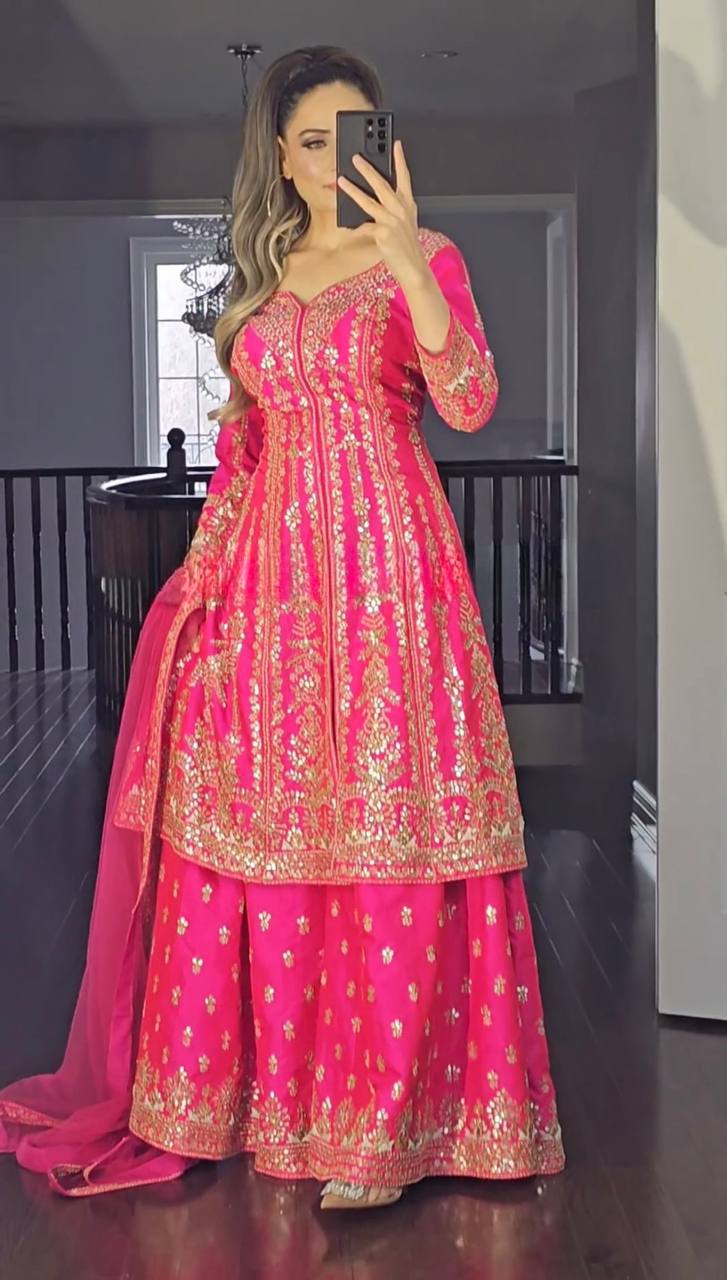 Pink color georgette embroidery sharara suit