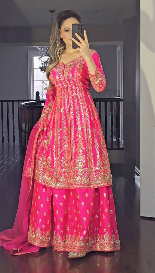 Pink color georgette embroidery sharara suit