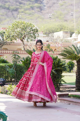 viscose dyeable jacquard pink gown Party Wear