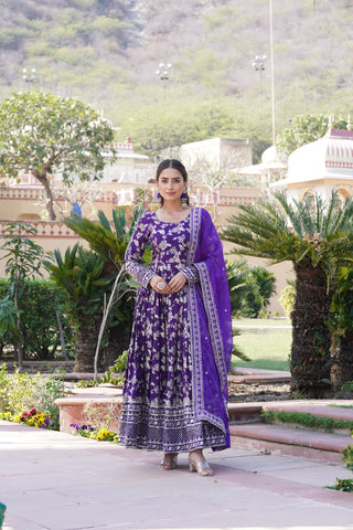 Designer Viscose Dyable Jacquard Purple Gown