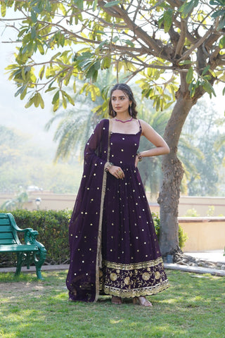 Women wine color sequins embroidered gown with dupatta set