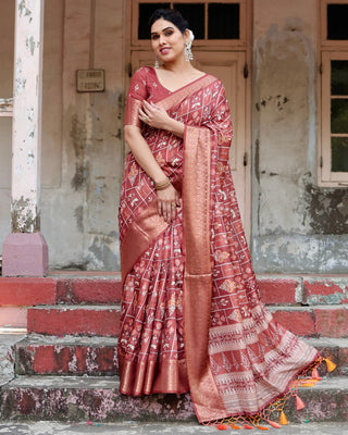 Pure maroon silk printed sarees