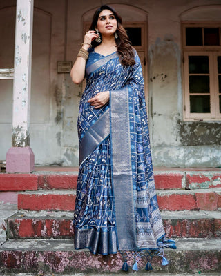 Pure blue silk printed sarees