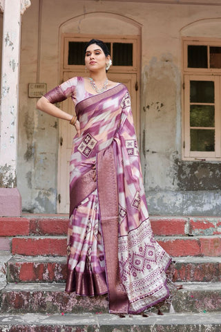 Dark pink shade silk printed sarees with price