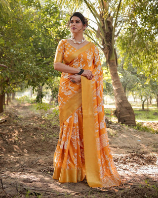 Yellow silk saree different printed for wedding with price