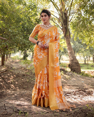 Yellow silk saree different printed for wedding online shopping