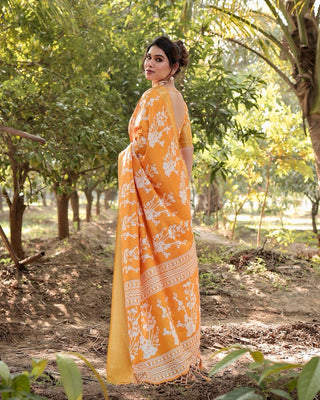 Yellow silk saree different printed for wedding online