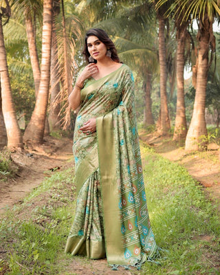 Green silk saree different printed for wedding with price