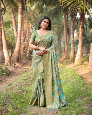 Pure green silk saree different printed for wedding