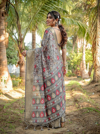 Grey Silk Saree With Matching blouse