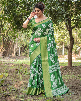 Parrot green silk saree different printed for wedding with price