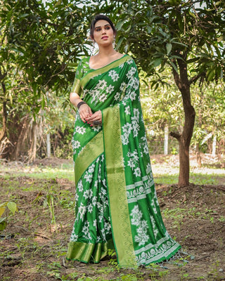 Parrot green silk saree different printed for wedding online shopping