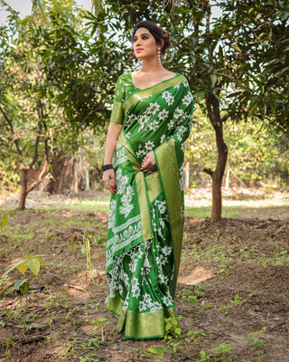 Parrot green silk saree different printed for wedding online