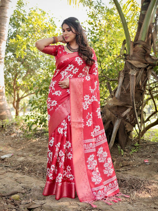 Red silk saree different printed for wedding with price