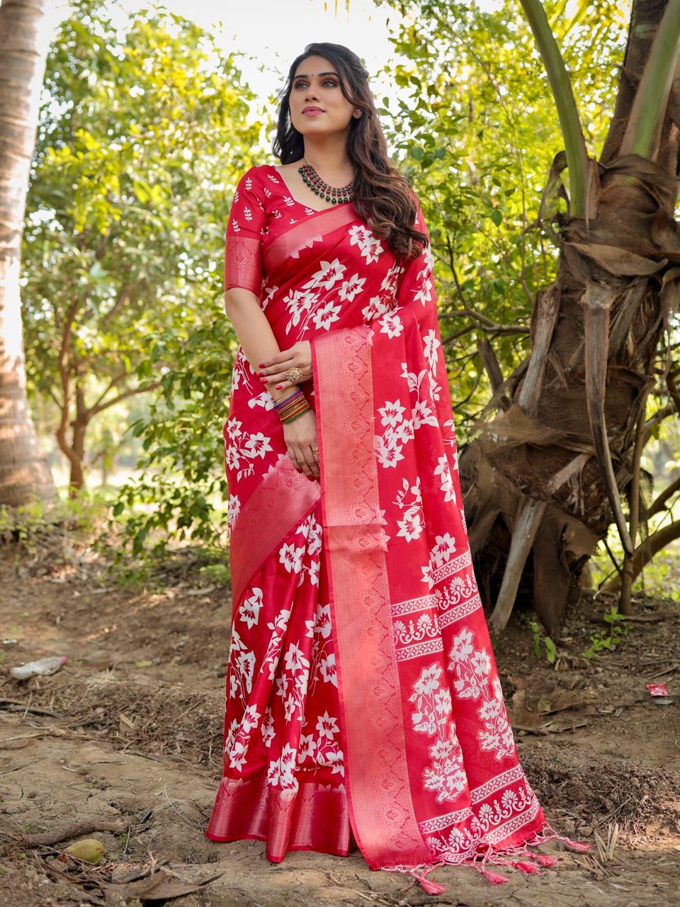 Pure red silk saree different printed for wedding