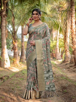 Green leaf printed design silk saree for party wear with price