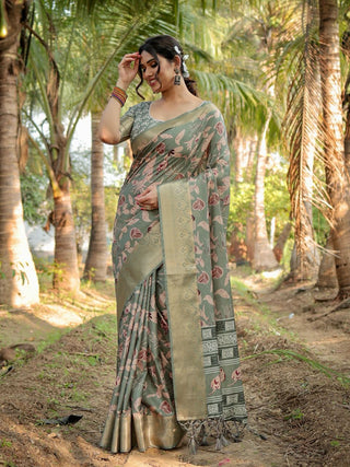 Simple green leaf printed design silk saree for party wear