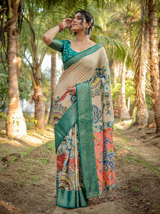 Green and cream multi color pure silk saree collection with price