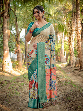 Green and cream multi color pure silk saree collection online shopping