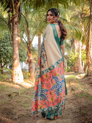 Cream With green Border Silk Saree