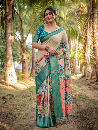 Cream and Green combination Silk Saree