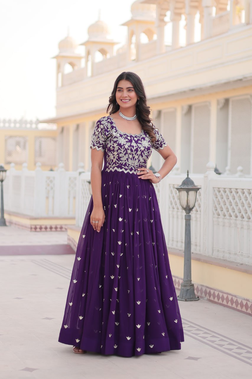 purple women dress Faux Blooming Sequins Embroidered Purple Gown XXL (44)