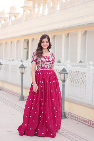 Pink Color Faux blooming with coding sequins embroidered work gown