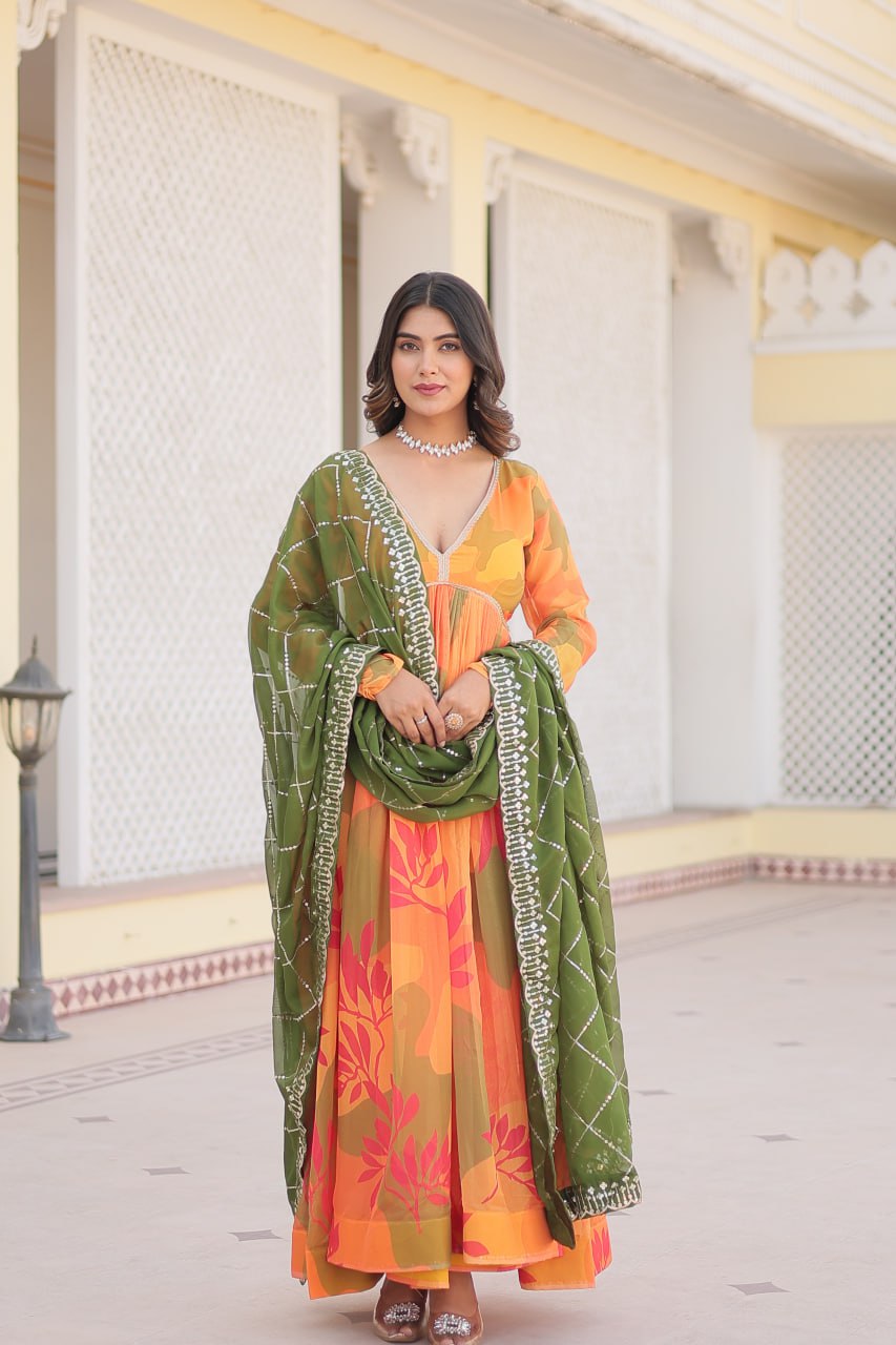 alia cut dress Light Pink Floral Printed Chiffon Suit Enhance your semi Embroidered Ready Made Alia Cut