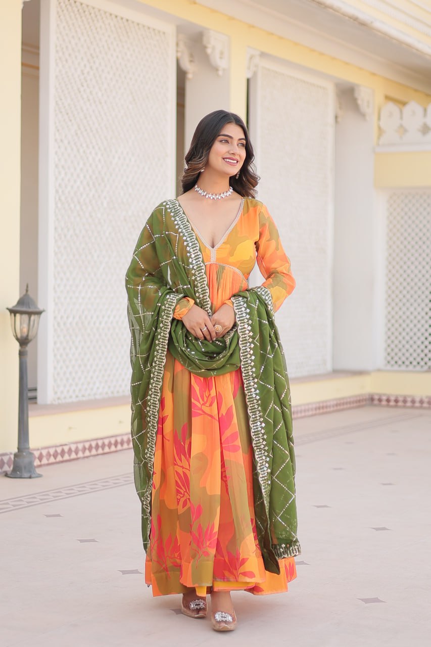 V Neck Alia Cut Gown Dress with Dupatta Ragthm V Neck Alia Cut Gown Dress with Dupatta Ragthm