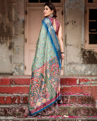 Peacock blue colour Saree combination