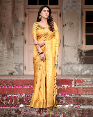 Yellow pure soft silk saree for women price