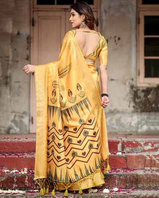 Plain yellow pure soft silk saree for women