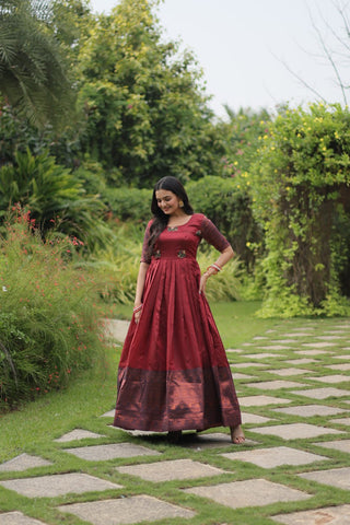 Banarasi jacquard Silk Maroon Gown