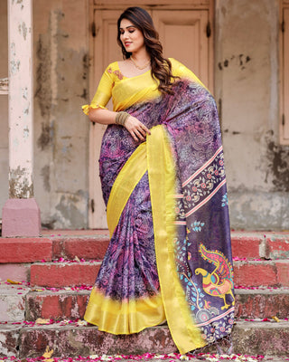 Yellow purple combination silk saree