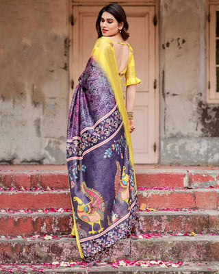 Lemon Yellow Saree with purple border