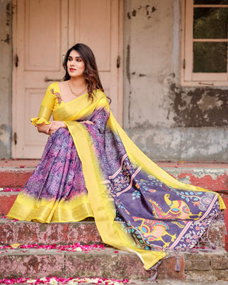 Yellow and purple combination saree for wedding