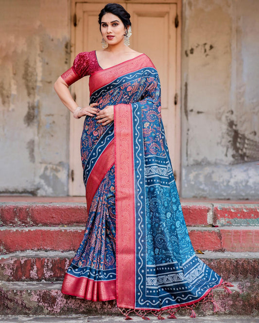 Pure printed soft silk saree contrast blouse
